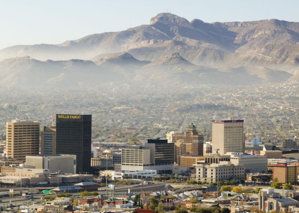 A city nestled amidst a desert landscape, with a backdrop of rugged mountains. The city has a mix of building heights, with some taller structures in the downtown area and lower-rise buildings spreading outward.