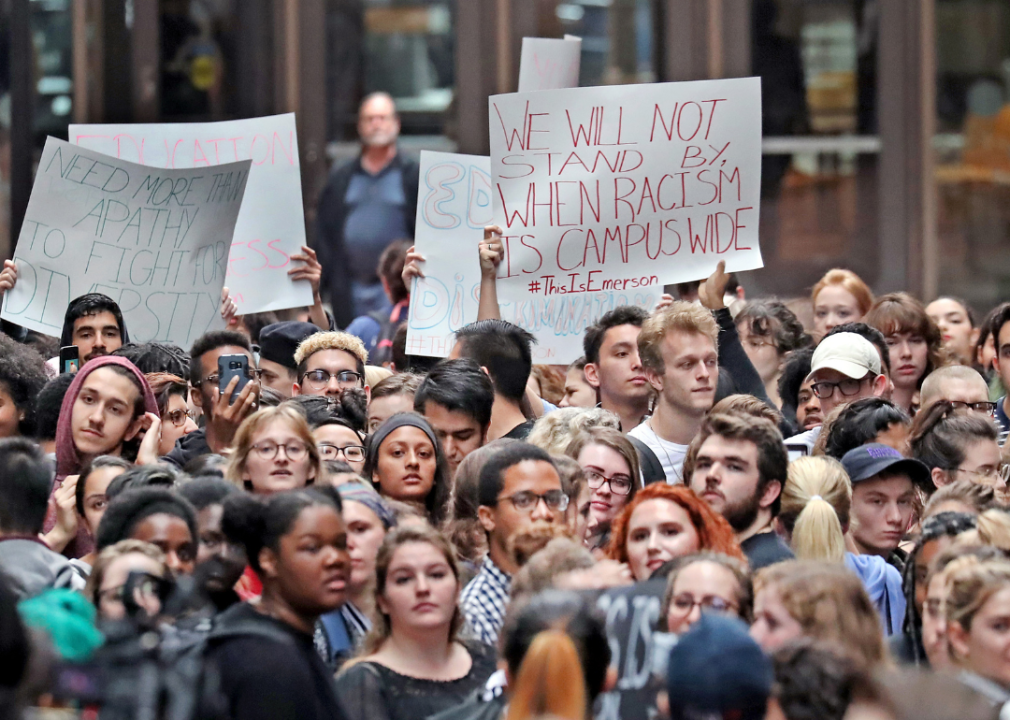 Emerson College students stage a walkout in Boston.