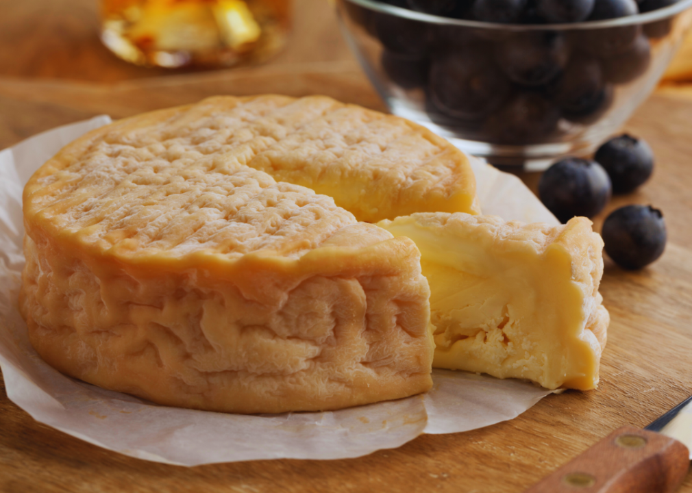 Close up of a wheel of Epoisses cheese.