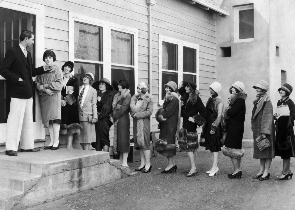 Hopeful female extras lined up in front of Paramount Studios in Hollywood