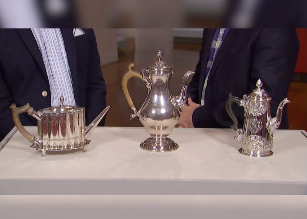A silver tea and coffee set is appraised on The Antiques Roadshow.