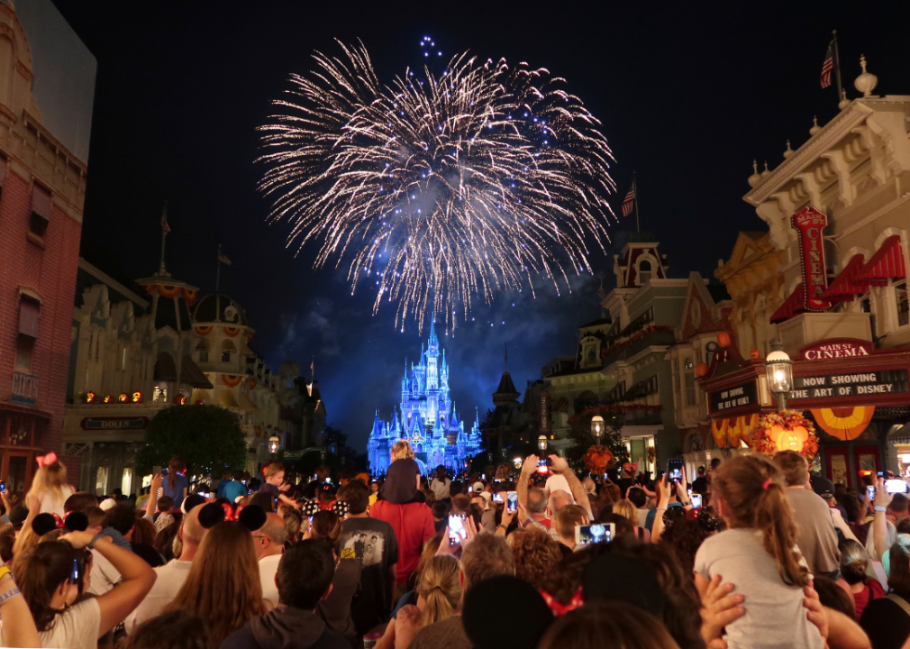 Fireworks over the Cinderella Castle at Disney.