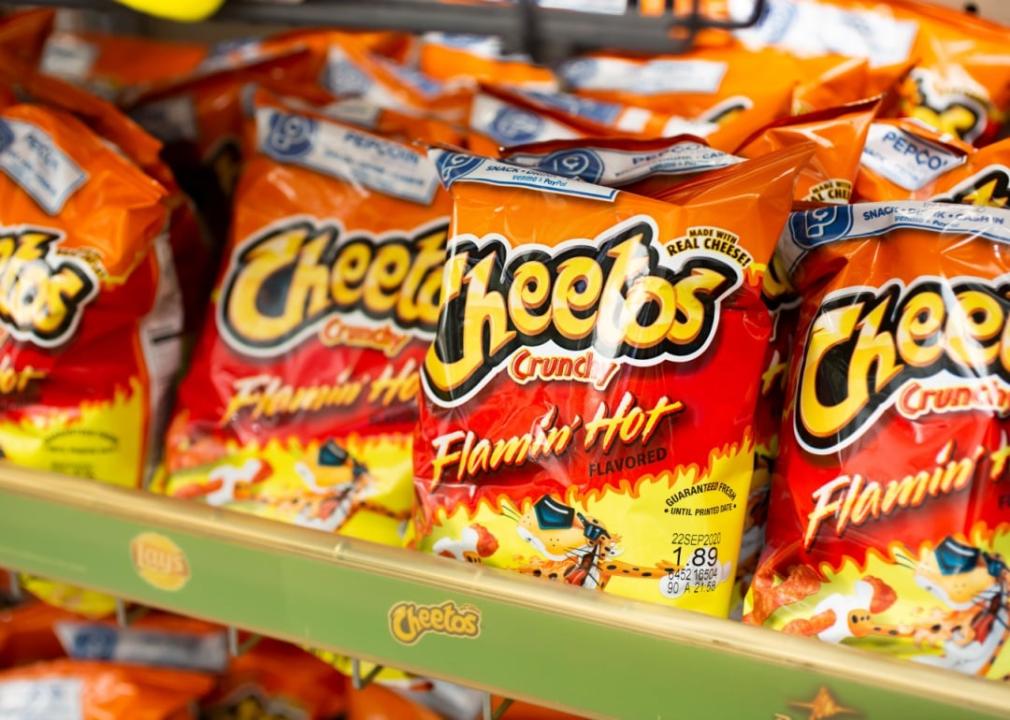 Bags of Flamin' Hot Cheetos in a store display