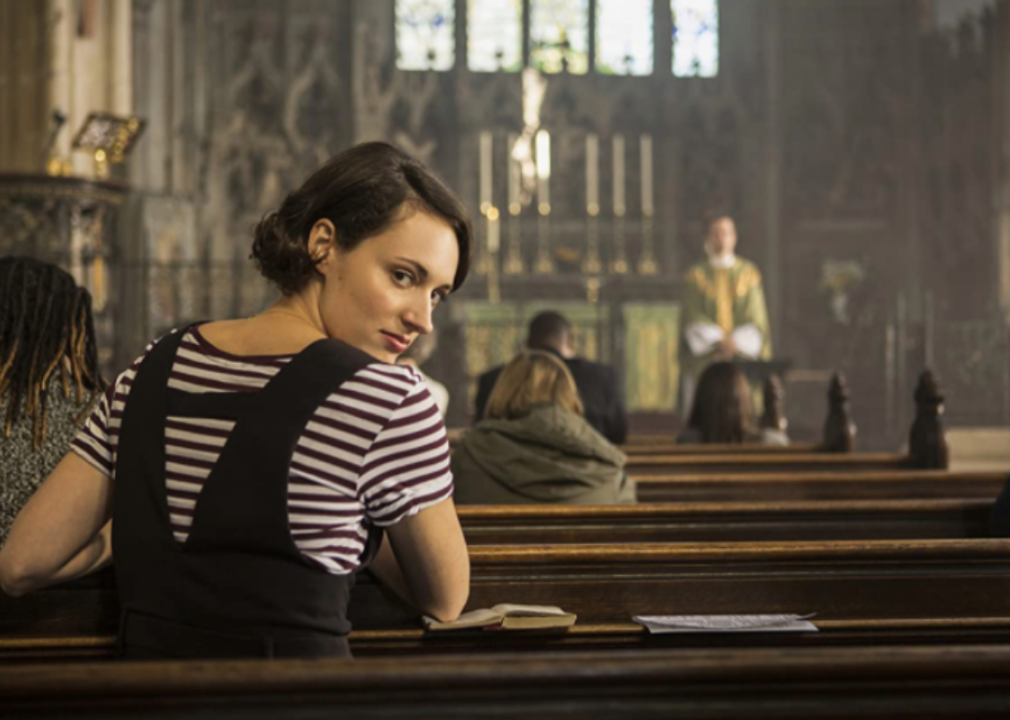 Phoebe Waller-Bridge looks over her shoulder in a scene from ‘Fleabag.’