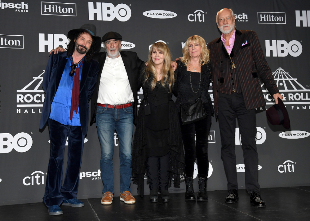 Mike Campbell, John McVie, inductee Stevie Nicks, Christine McVie and Mick Fleetwood pose at the 2019 Rock & Roll Hall Of Fame Induction Ceremony in 2019 in New York City.