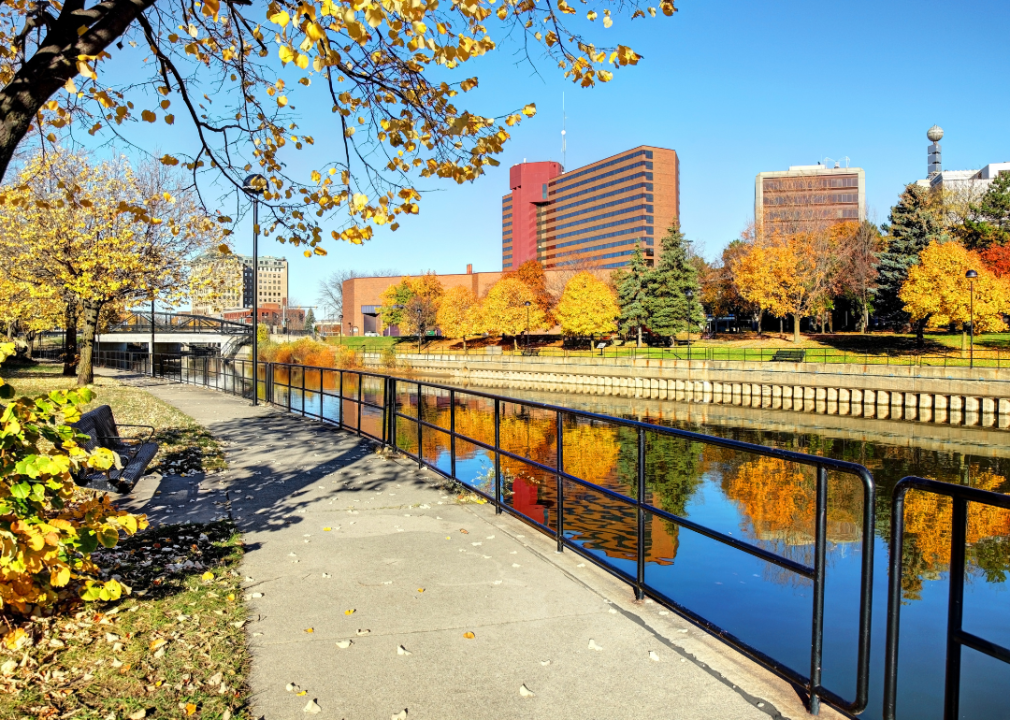 Buildings along the river during fall months.
