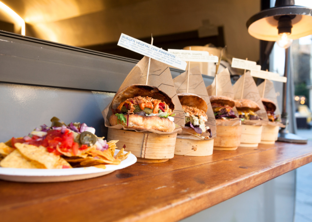 Sandwiches on a food truck display.