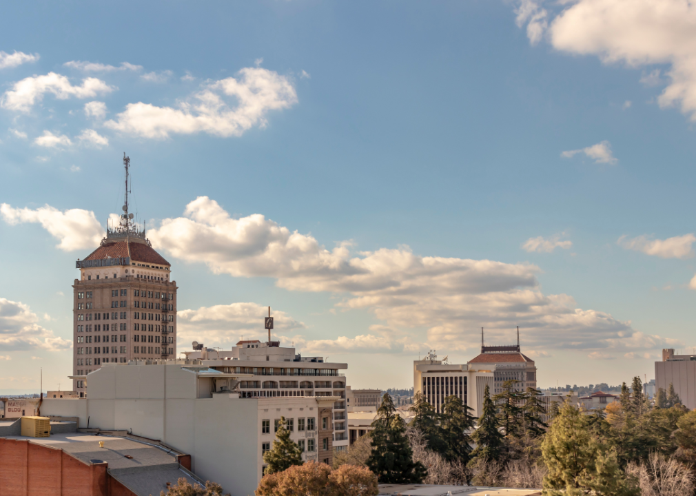 Aerial view of city skyline. 