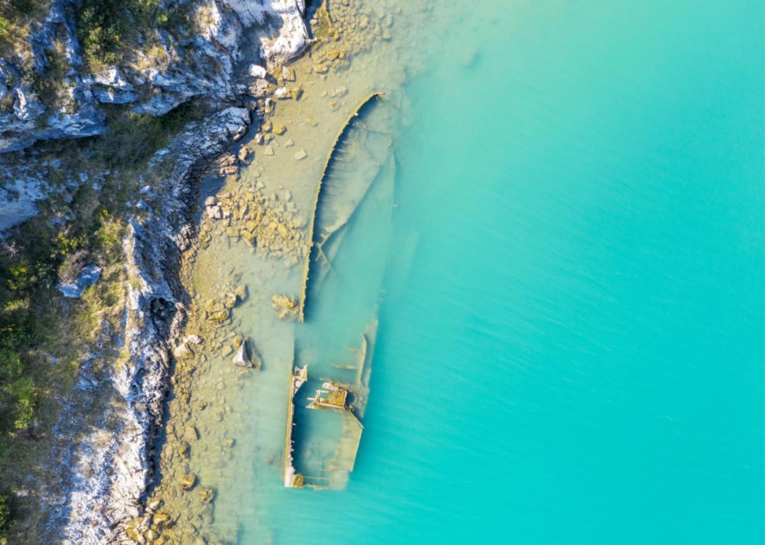 Aerial view of the sunken WWII German ship Fritz off the coast of Istria, Croatia.