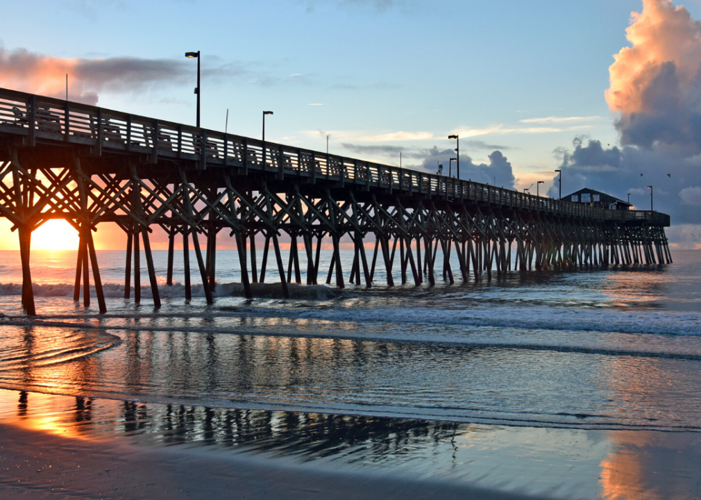 Beach with pier at sunset.