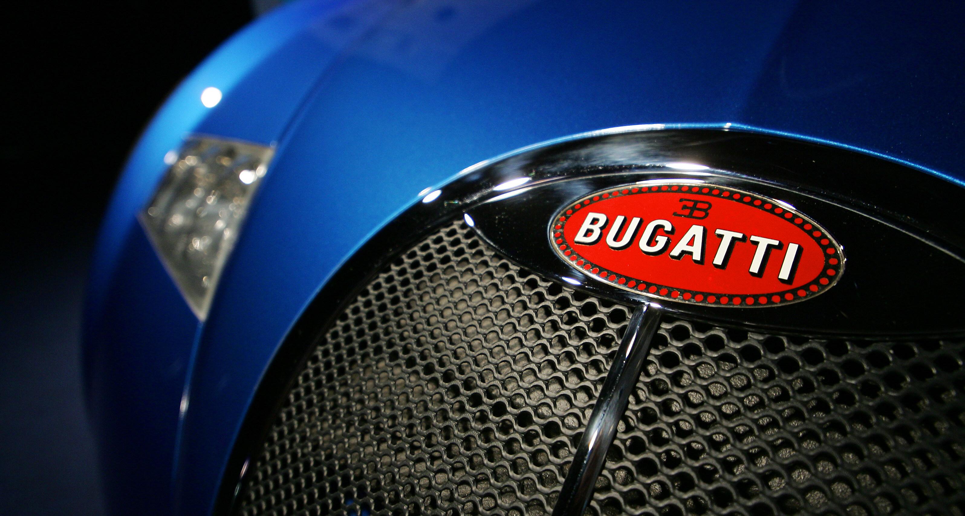 Close up of the Bugatti logo.