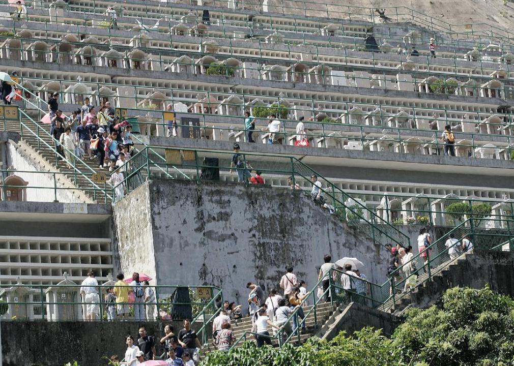 People walk up staircases lined with graves.