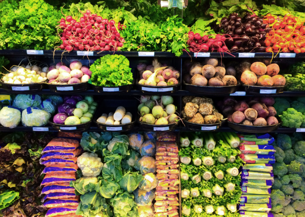 A grocery produce display in a supermarket.