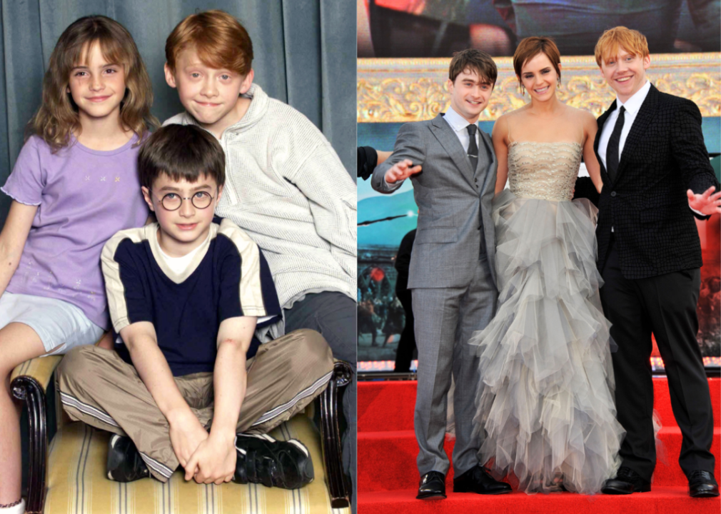 A split-screen look at Danielle Radcliff, Emma Watson and Rupert Grint in a Harry Potter publicity still in 2000, and a picture of the three at a premiere in 2011.