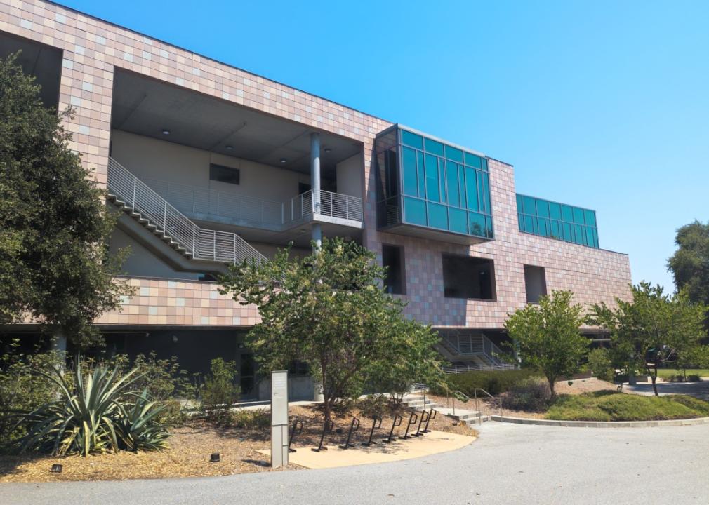 An exterior view of an academic building at Harvey Mudd College.