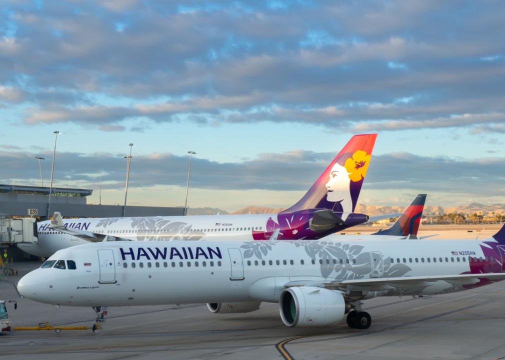 Two commercial Hawaiian airlines airplanes with tropical flower design parked at an airport. 