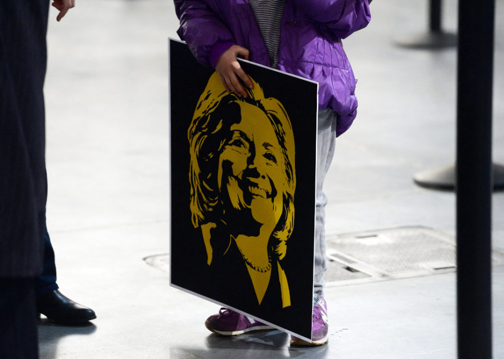 A poster of Hillary Clinton.