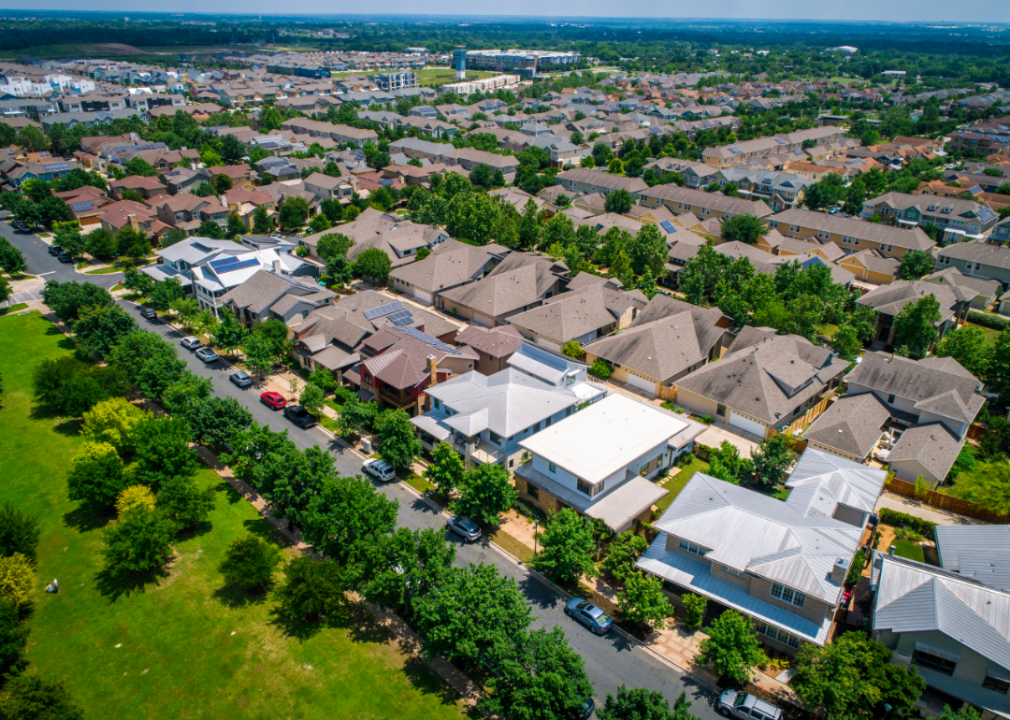 An aerial view of homes in a residential neighborhood.