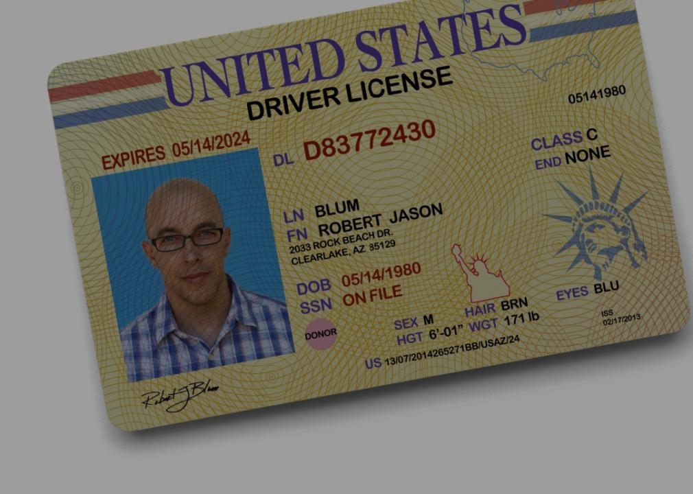 A close-up of the United States driving license with a photo of a man on a yellow background on the left side, his name Robert Jason Blum, expiration date, ID number, address, sex, hair, eyes, height and class.