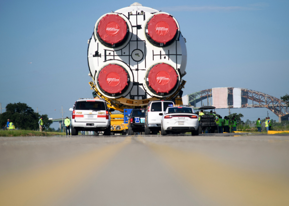 A rocket core being hauled.