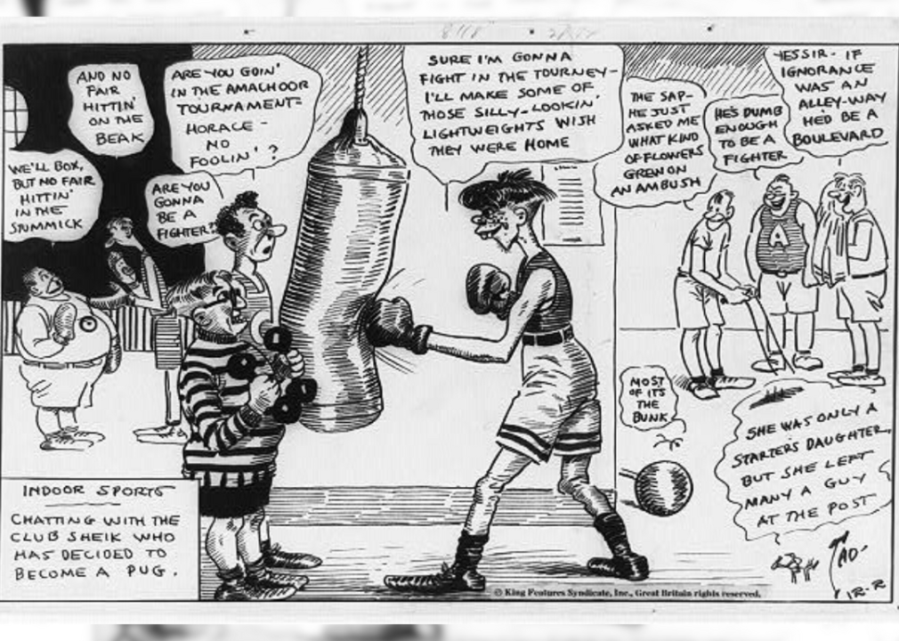 Indoor sports. Chatting with the club sheik who has decided to become a pug digital file from b&w film copy neg.Single panel comic. Horace prepares to be a boxer, while others make fun of him.Created / Published [ca. 1919]