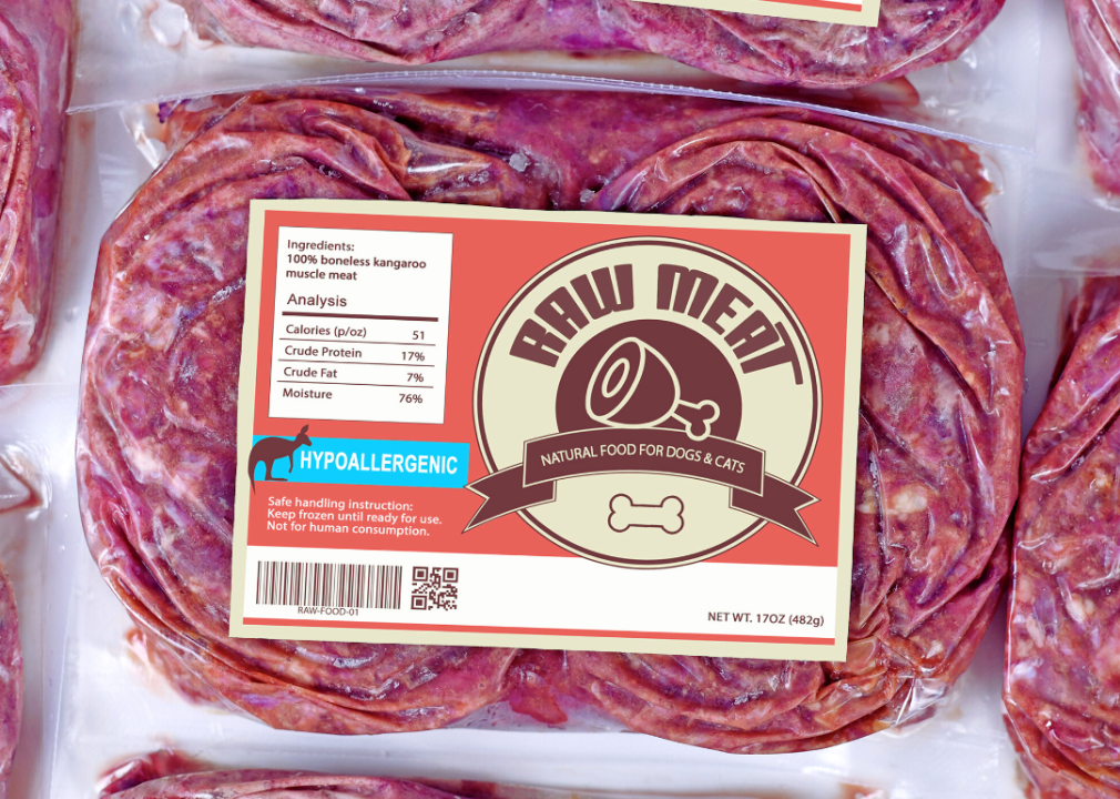 Raw kangaroo meat packaged as dog food.