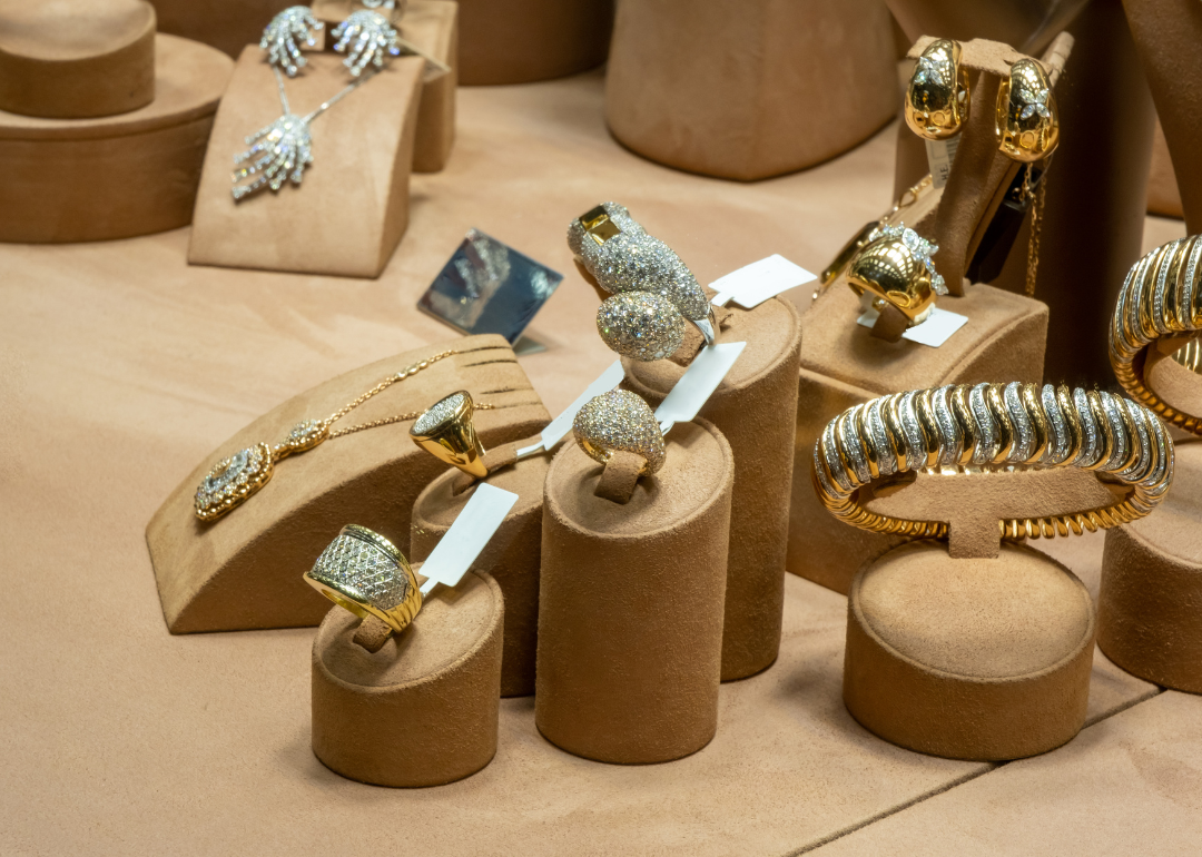 A variety of jewelry on display in a jewelry store. 