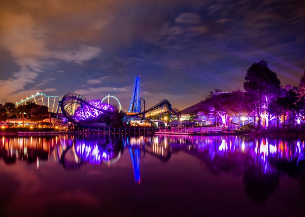 Mado and Kraken rollercoasters at night.