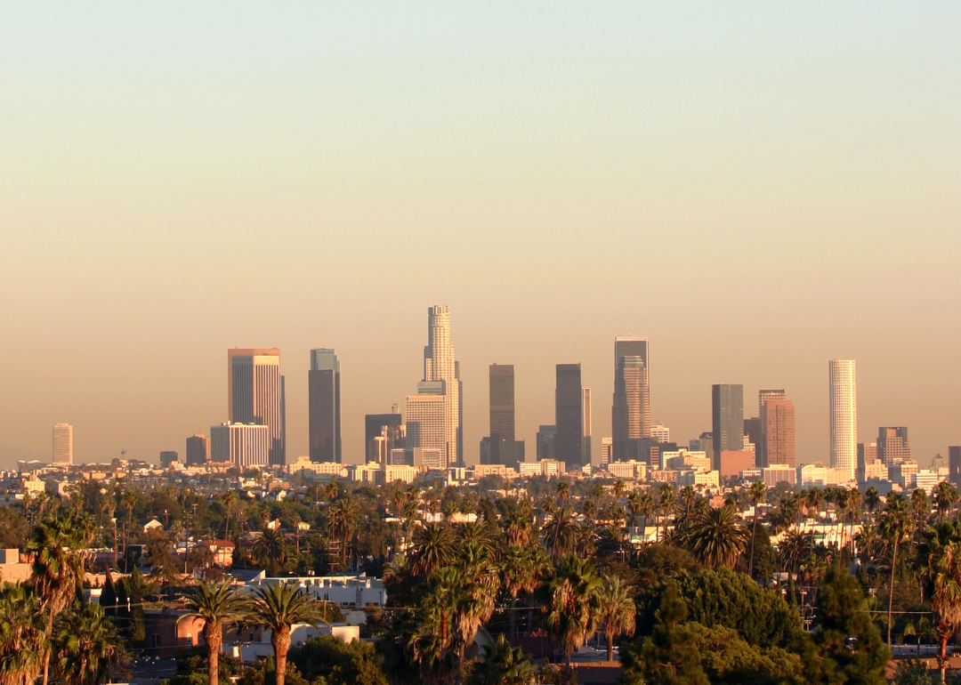A distant view of downtown LA shrouded in smog.