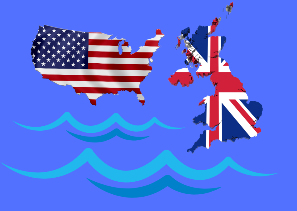 An illustration of a U.S. flag map and a U.K. flag map connected by cartoon-like waves.