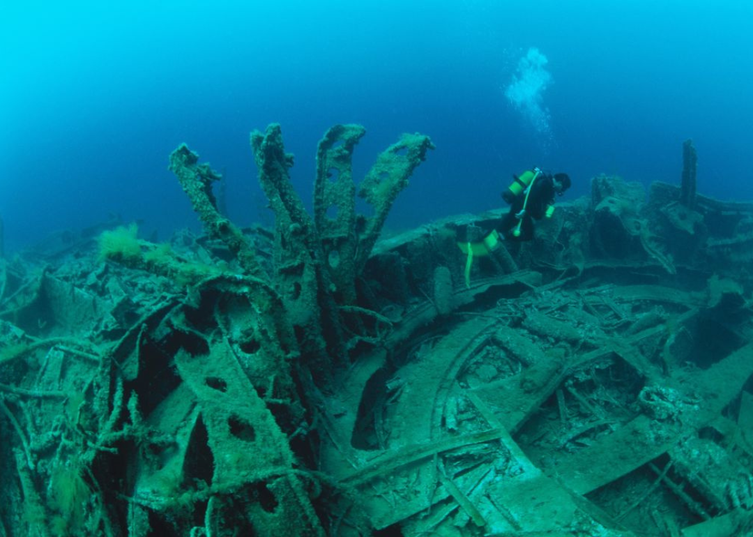 A diver explores the underwater wreckage of the Majestic Flagship