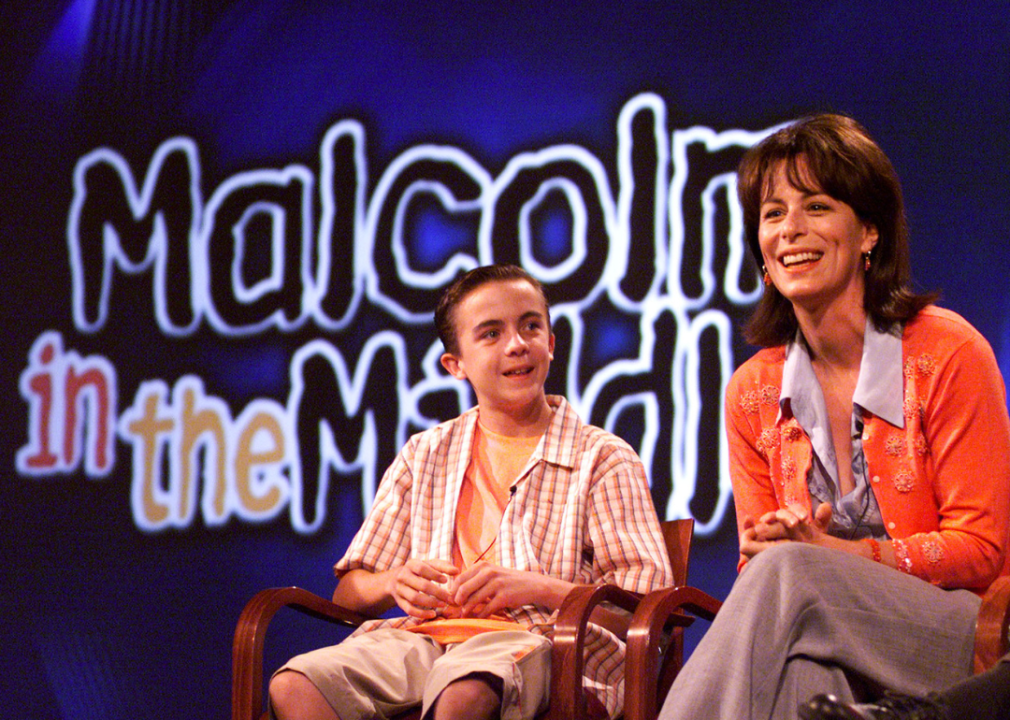 Frankie Muniz and Jane Kaczmarek of Malcolm In The Middle sit on stage to chat with TV critics at the FOX 2000 summer press tour.