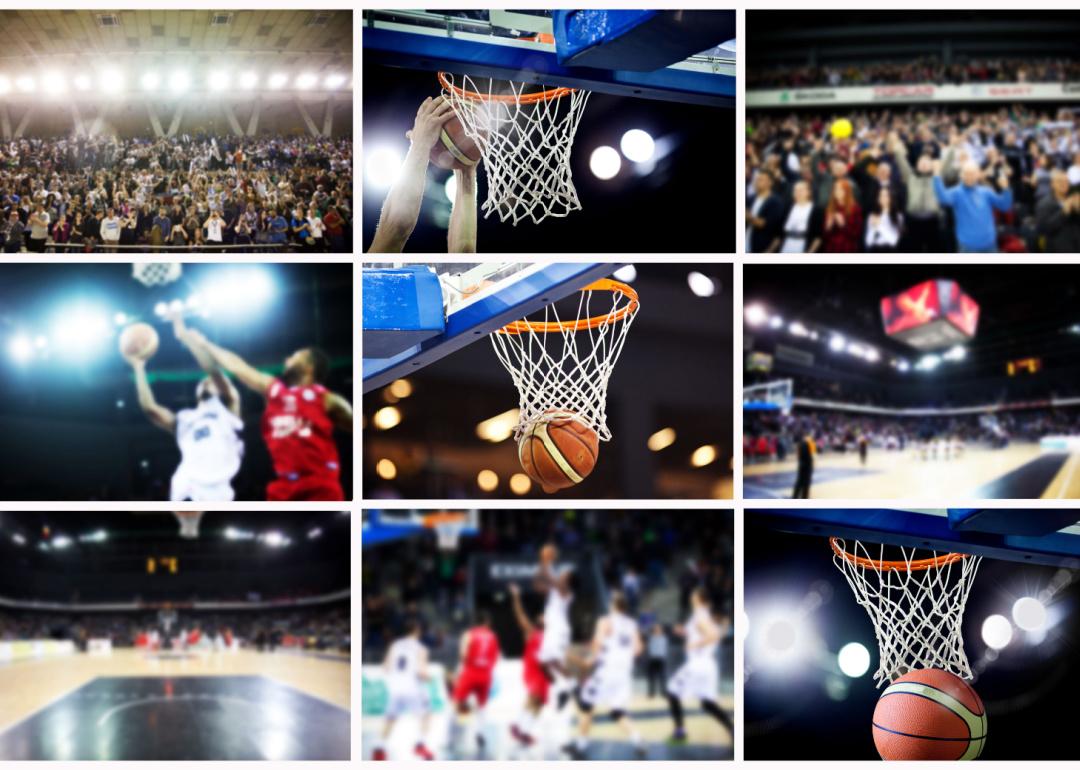 A collage of nine different college basketball images.