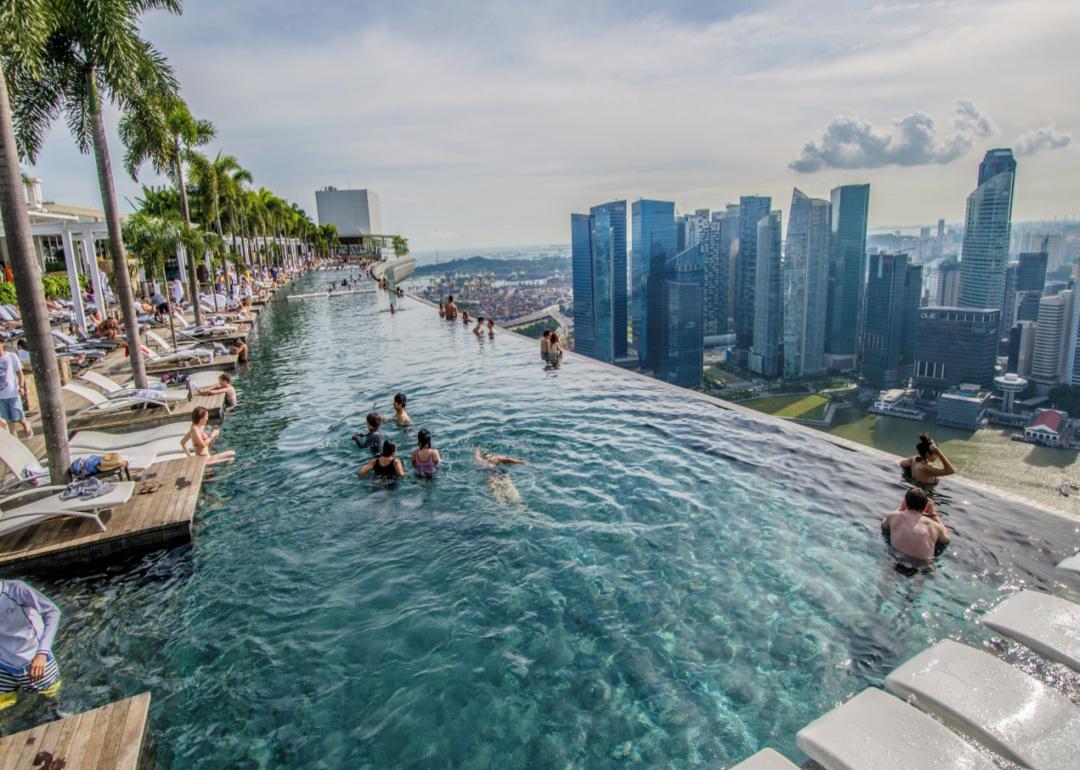 View of the Singapore skyline from the infinity pool atop the Mandarin Bay Sands resort hotel.