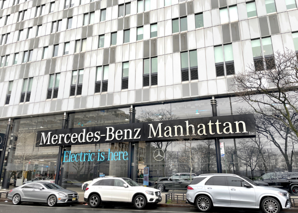 Electric vehicle sign at a Mercedes dealership in Manhattan.