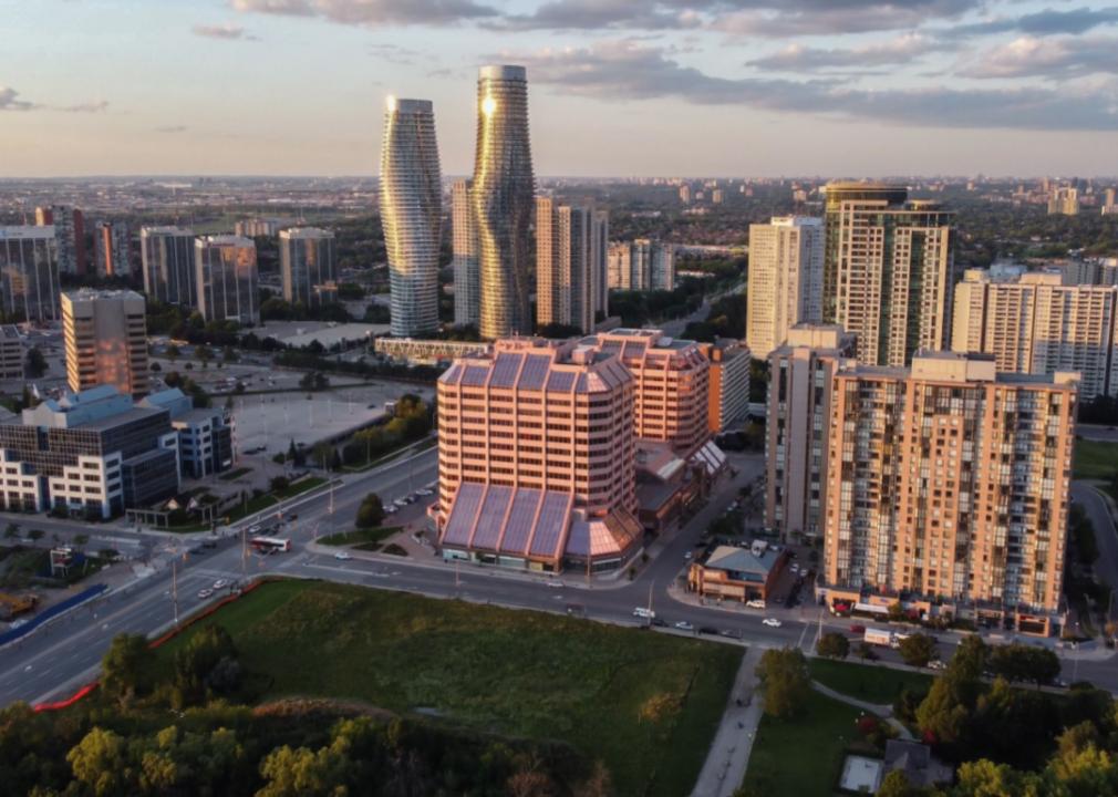 An aerial view of a modern city with a mix of building types and heights. Two distinctive curved skyscrapers stand out in the background.