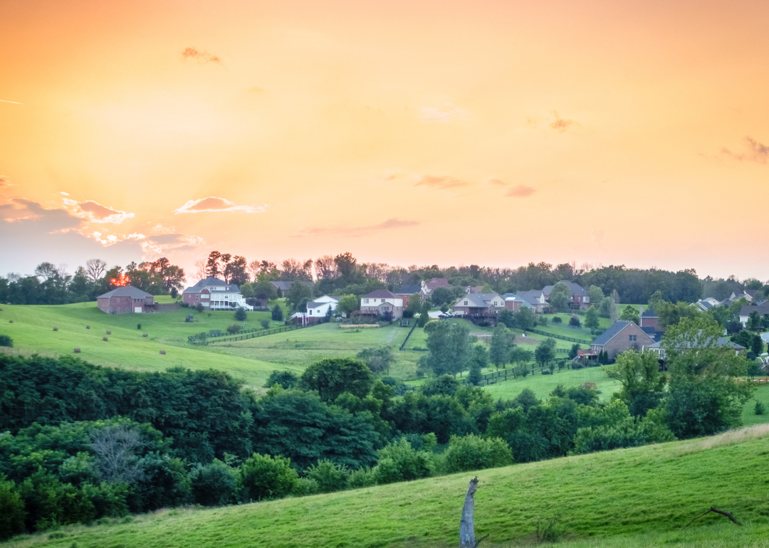Homes on a green landscape in rural Kentucky.
