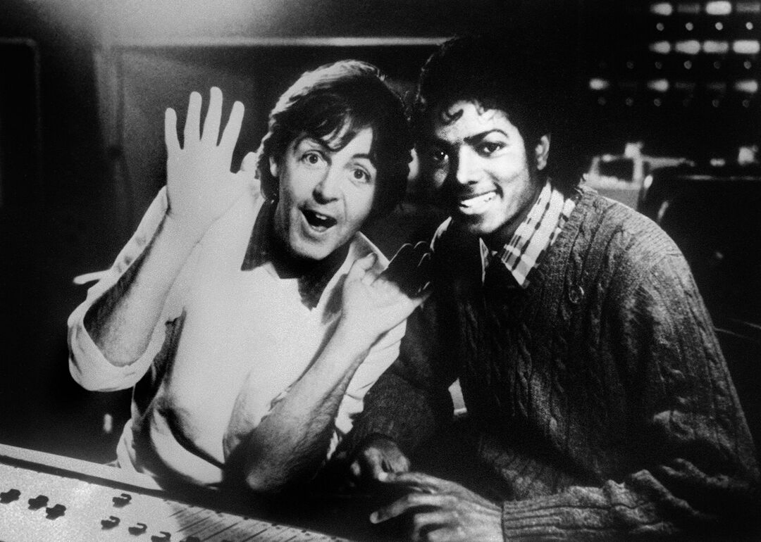 Paul McCartney and Michael Jackson pose for portrait.