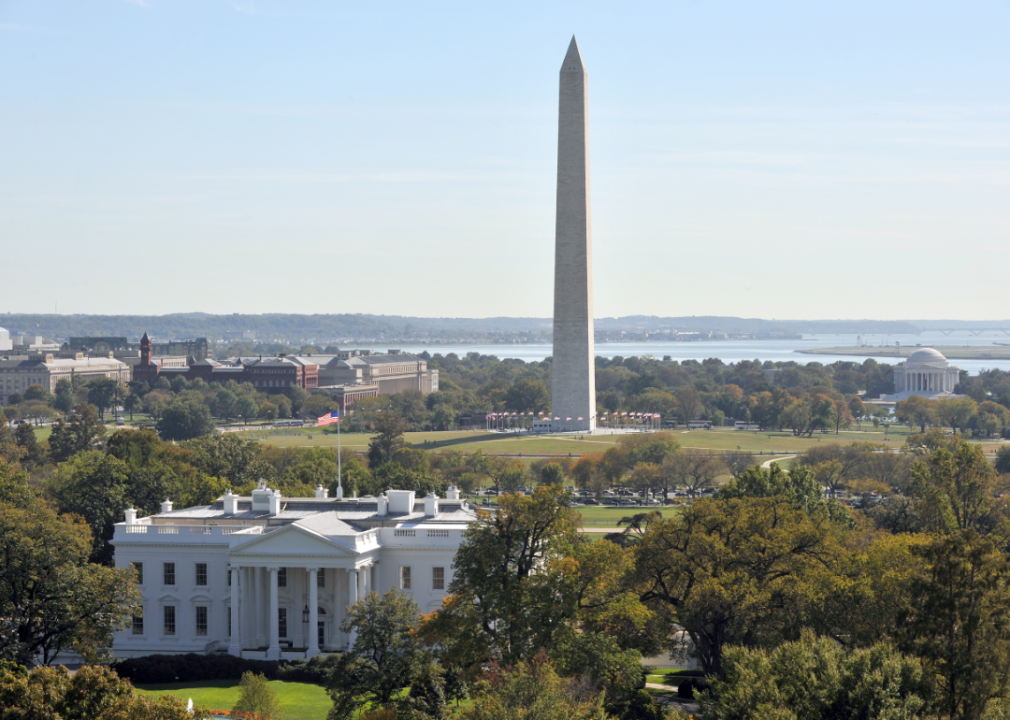 An aerial view of the U.S. Capitol and Washington Monument.