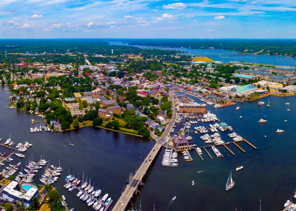 An aerial view of Annapolis on the water.