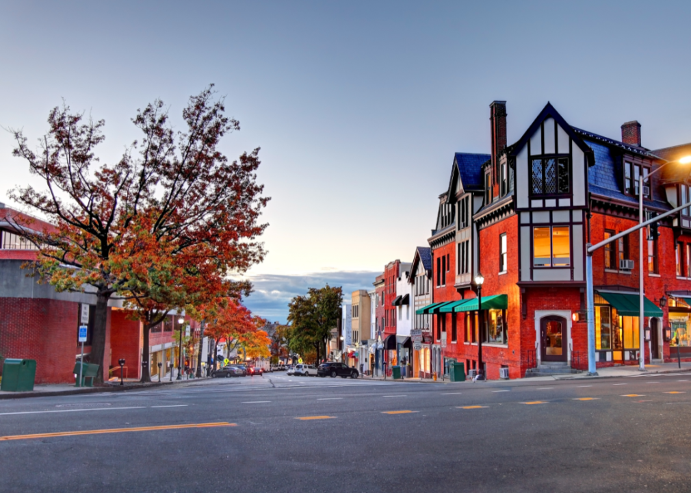 Historic buildings on a street in Greenwich, CT.