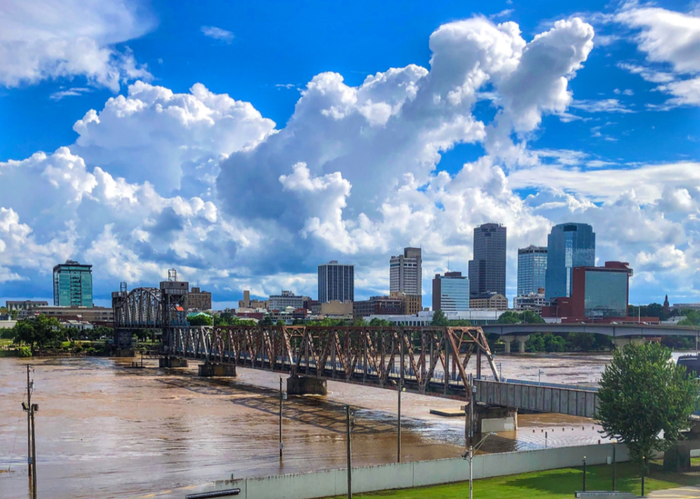 A bridge with the Little Rock, AR skyline in the background.