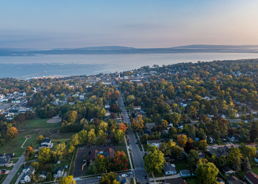 An aerial view of Petoskey, MI on the water.