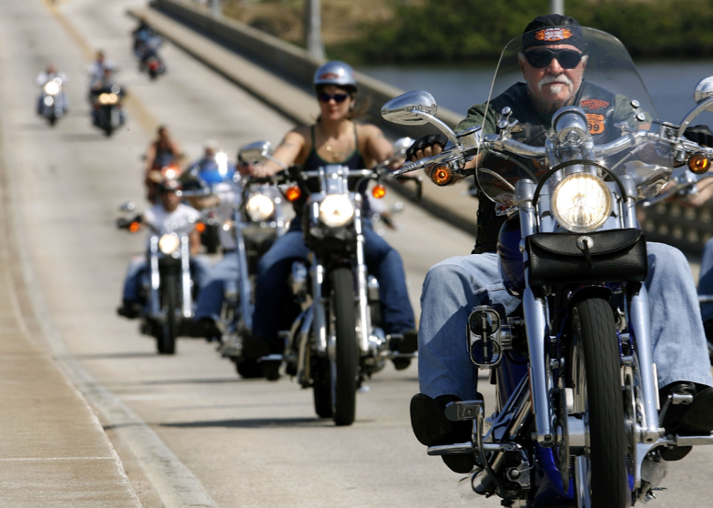 Motorcyclists cross the Main Street Bridge in Daytona Beach, Florida.