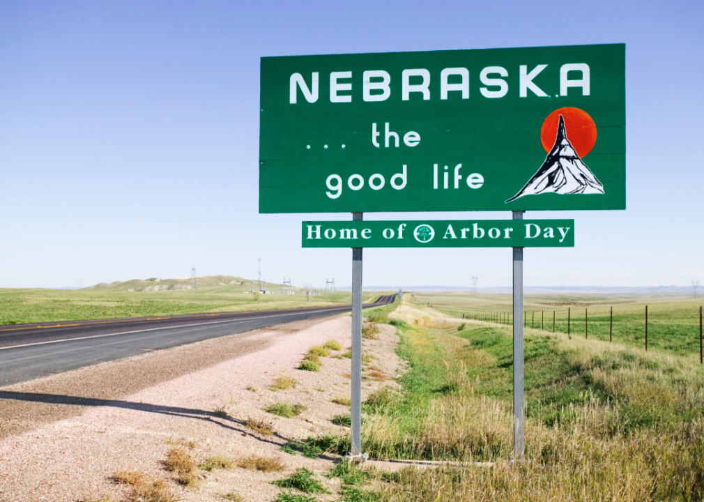A sign entering into Nebraska reading, "Nebraska...the good life".