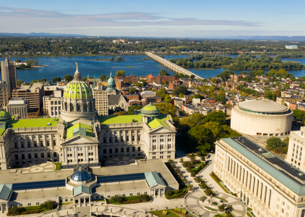 An aerial view of Harrisburg,  the Capitol of PA.