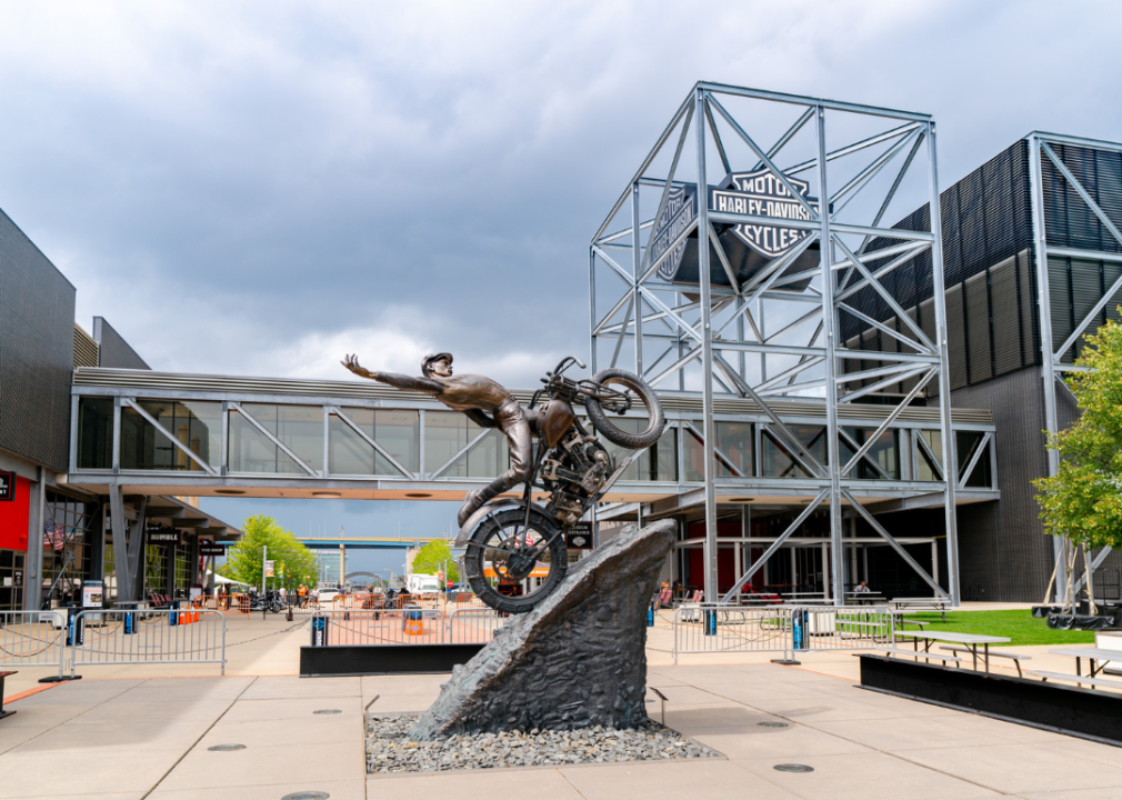 A motorcycle statue in front of the Harley-Davidson Museum in Milwaukee.