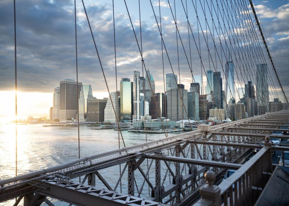 A view of a suspension bridge and a cityskyline at sunset. 