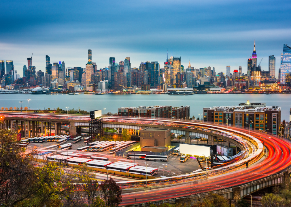 A view of New York City from the busy highway-loop in New Jersey.