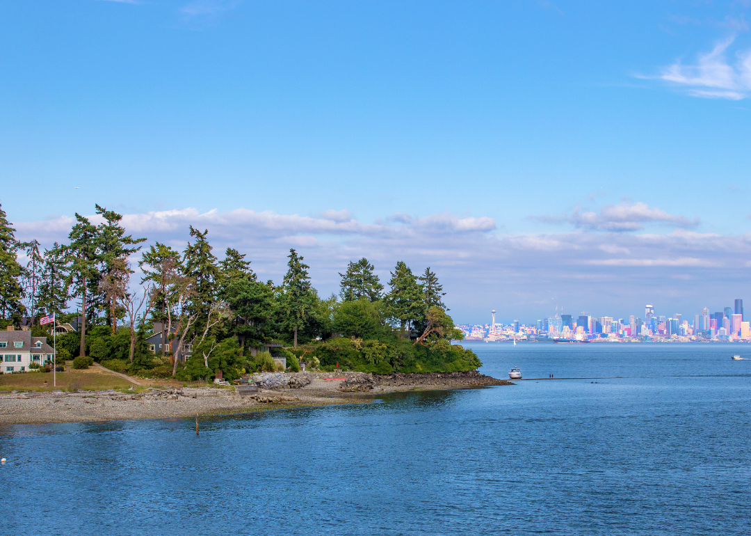 Coastal homes in the trees with Seattle in the background.